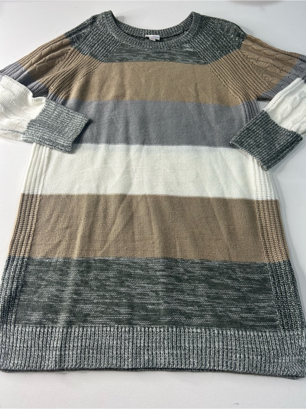 LuLaRoe Striped Crewneck Sweater in Gray, Cream & Tan